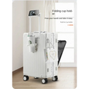 White ribbed aluminum frame rolling luggage with wheels and cup holder attachment