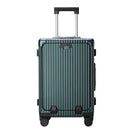 Green metallic aluminum frame rolling luggage with vertical ridges and retractable handle