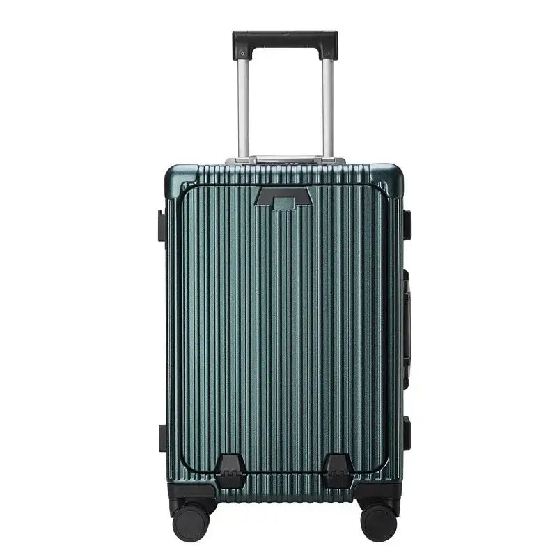 Green metallic aluminum frame rolling luggage with vertical ridges and retractable handle