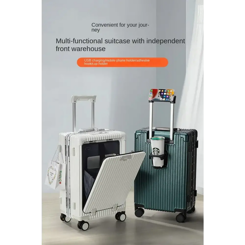 Elegant Multifunctional Rolling Luggage with Aluminum Frame and Front-Opening Compartment