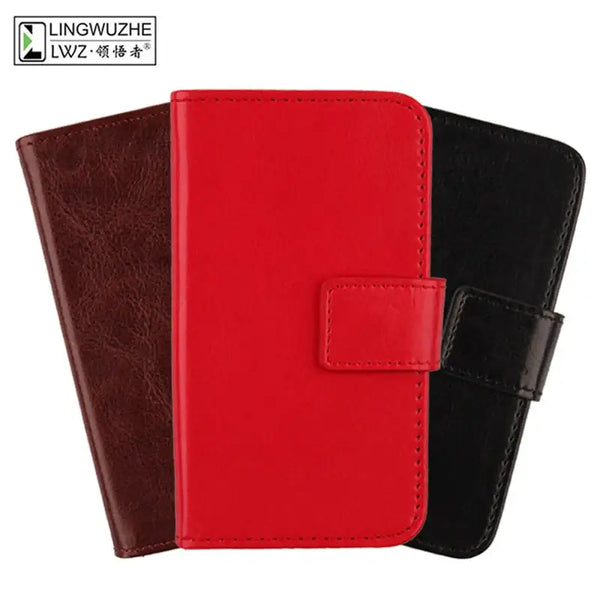 Three leather flip cases in brown, red, and black showcasing a stylish case design