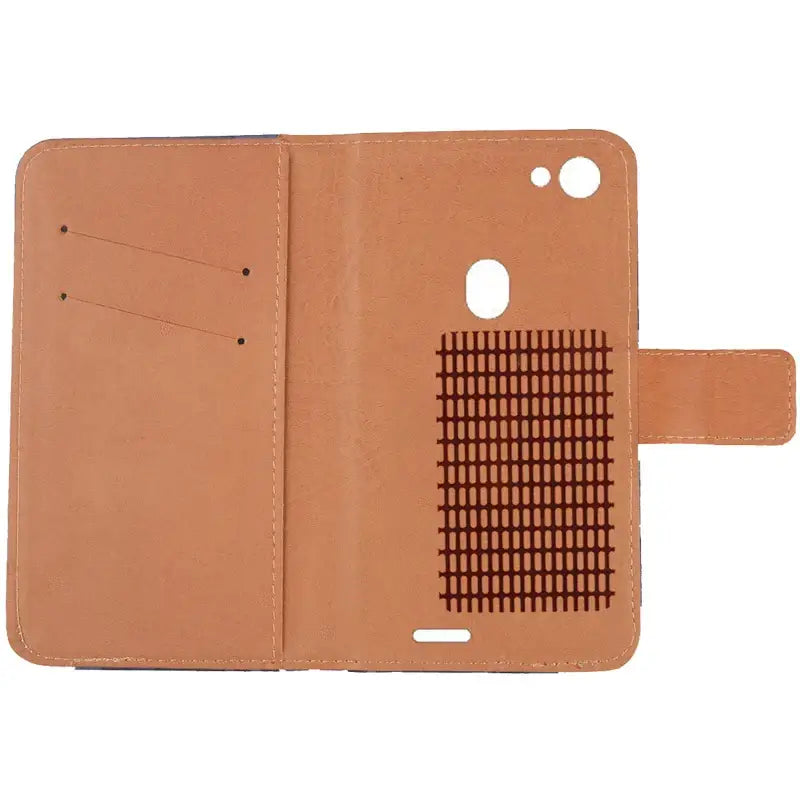 Tan leather flip case design featuring card slots and a grid pattern for functionality