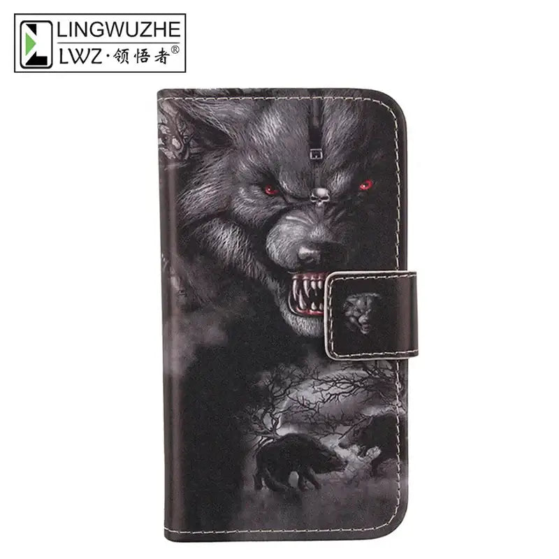 Stylish flip case design featuring a fierce wolf with glowing red eyes and wallet function