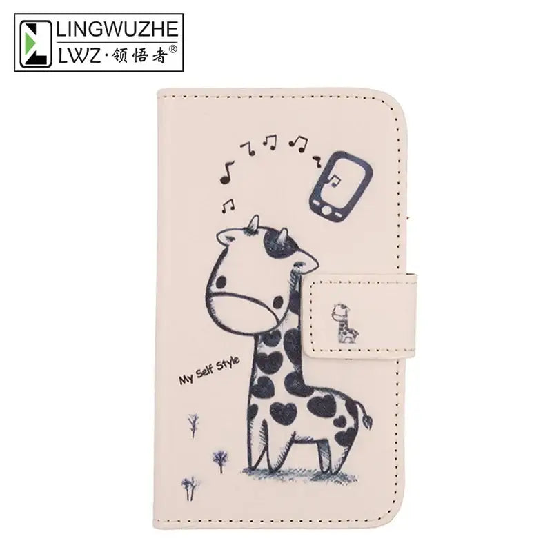 Beige flip case design featuring a cute cartoon giraffe and musical notes