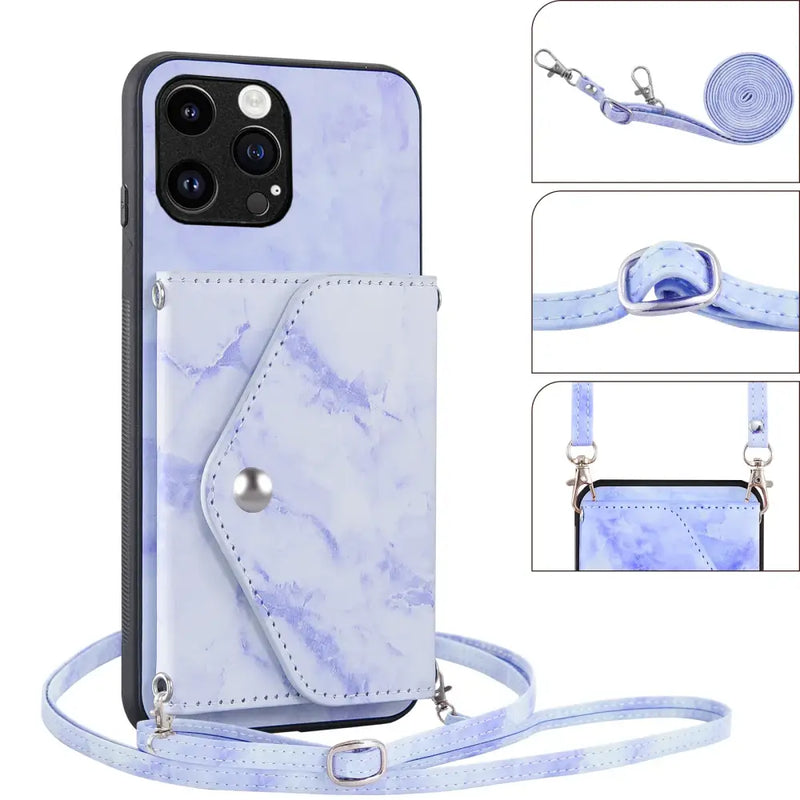 Light blue marble patterned phone case with wallet pocket for Apple iPhone 15 Pro Max