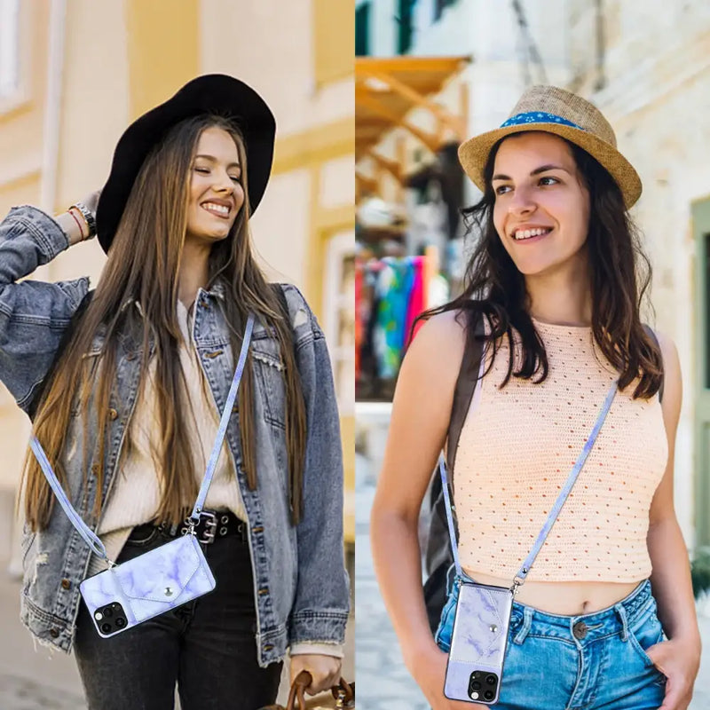 Two young women in hats showcase a stylish phone case for Apple iPhone Pro Max