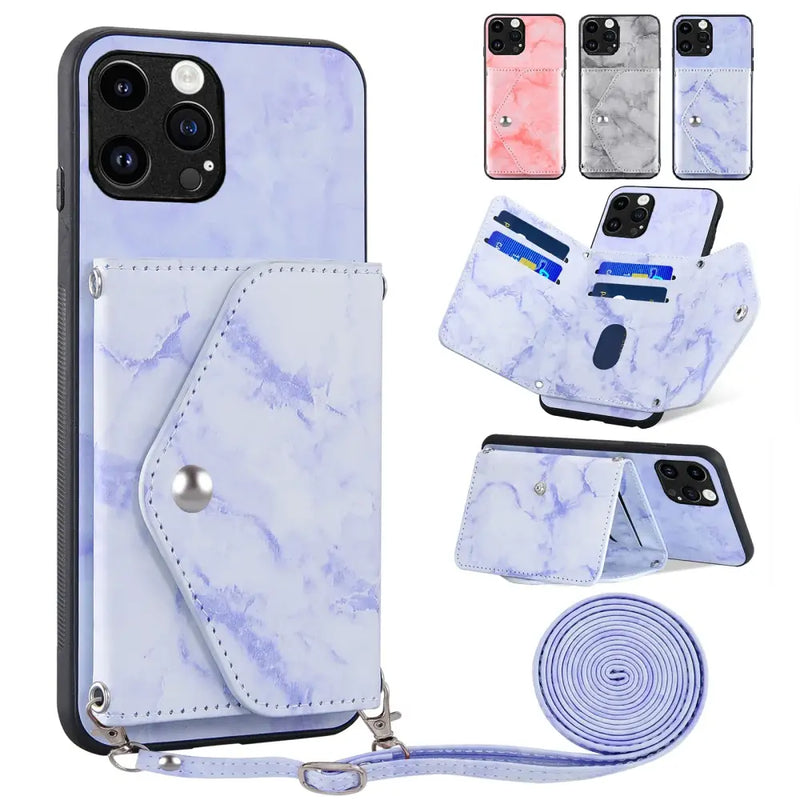 Smartphone case for Apple iPhone 15 Pro Max with wallet and detachable strap in marble pattern