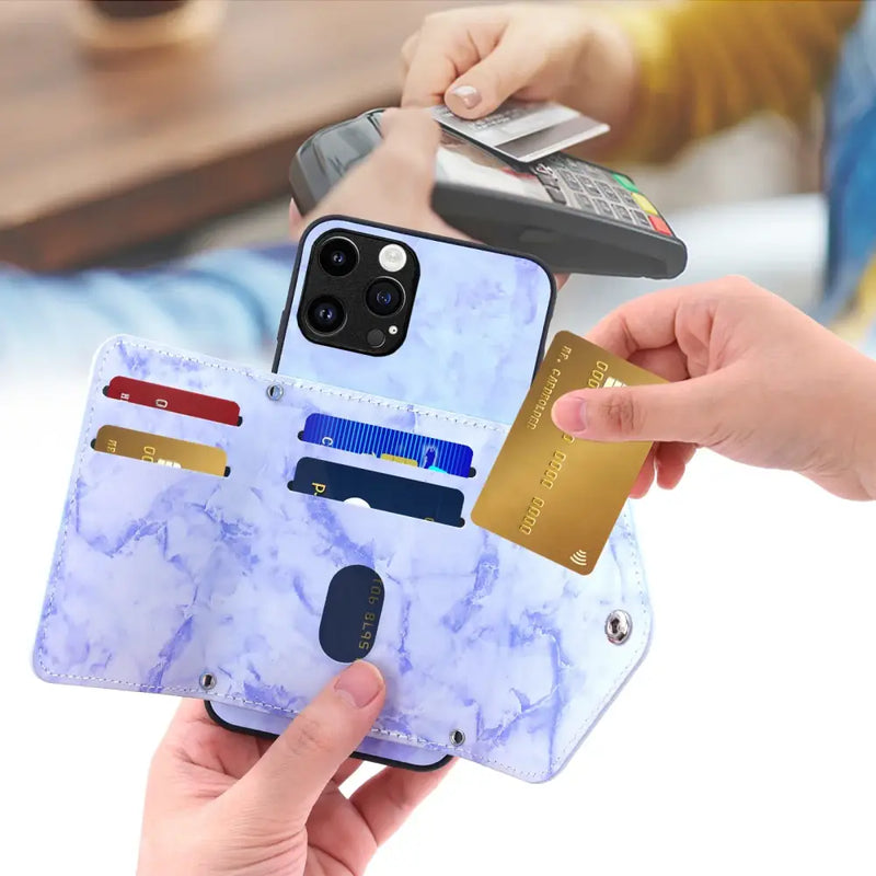 Stylish Phone Case for Apple iPhone 15 Pro Max with built-in card holder and marble pattern