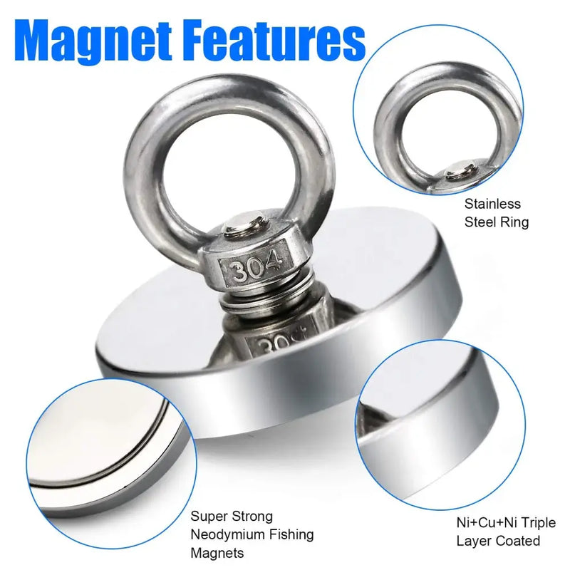 Circular neodymium industrial magnet with stainless steel lifting ring for strong applications