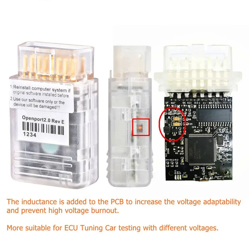 Tactrix Openport Code Reader with Mainland China Hardware Version V158 showcasing ECU components