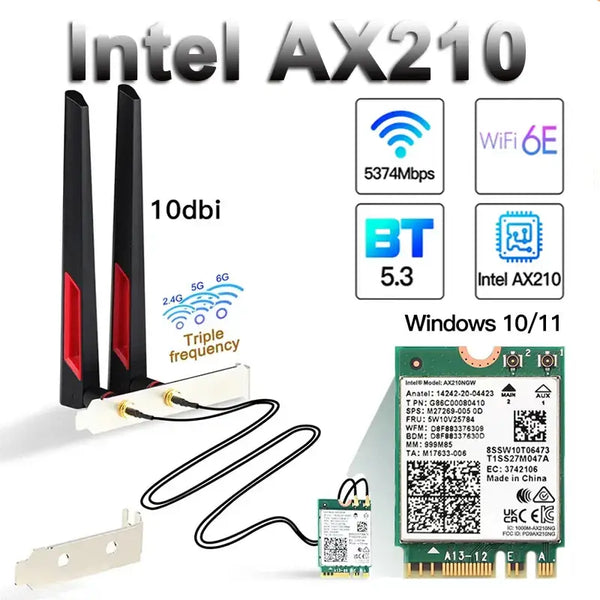 Intel AX210 Wi-Fi 6E adapter with dual antennas for TelDaykemei Wireless Protocol