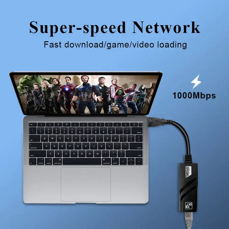 Laptop displaying a superhero movie using TelDaykemei Gigabit Ethernet for high-speed LAN transmission