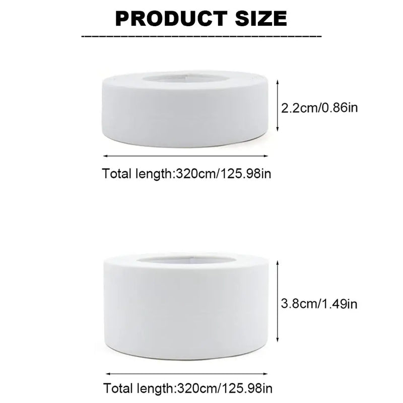 White cylindrical TFAAI Self-Adhesive Bathroom Tape with measurements for sealing