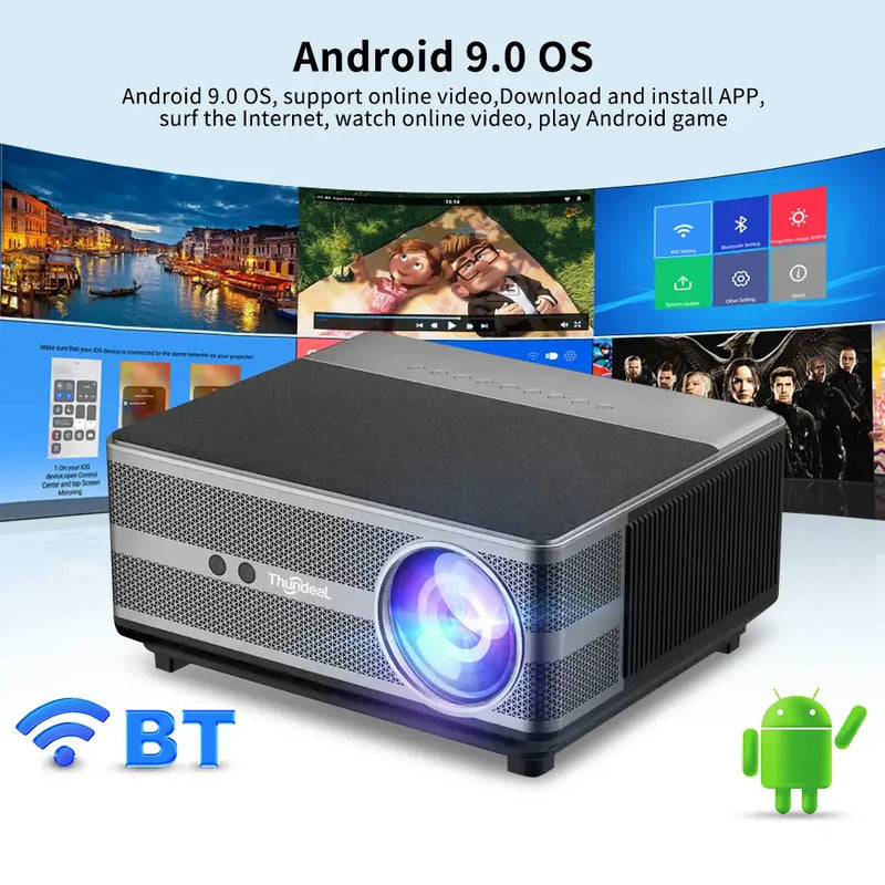 Multimedia projector featuring Android 9.0 OS, Wi-Fi, Bluetooth, and keystone correction