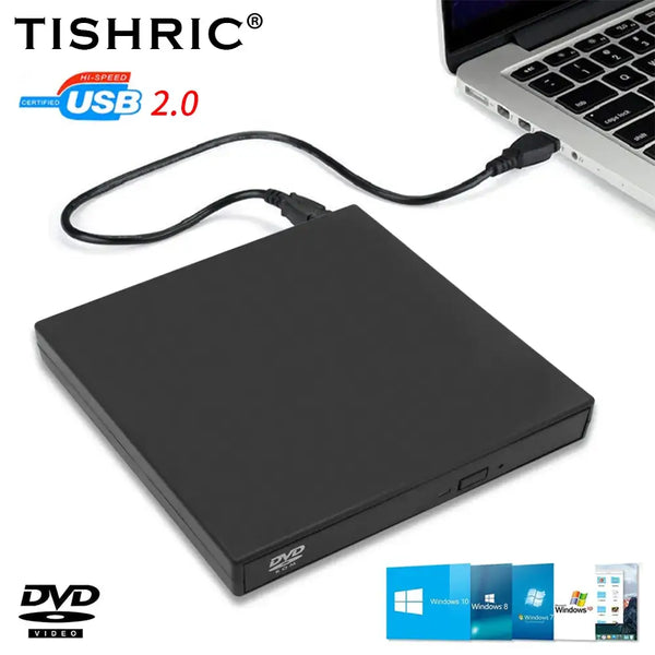 External DVD reader TISHRIC USB 3.0 connected to laptop for fast data transfer