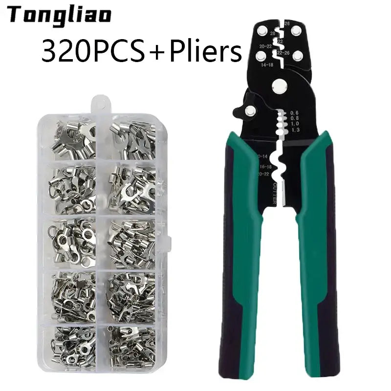 Wire crimping tool with green handles and connectors in Tongliao Multifunctional Plier set