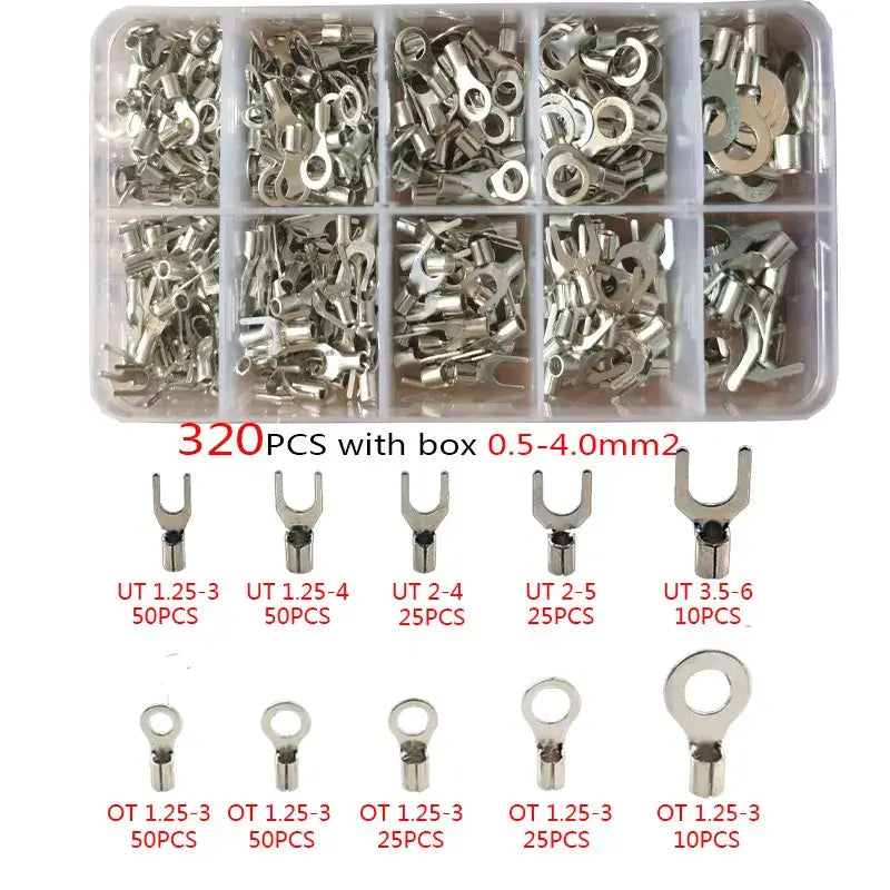 Assortment of electrical wire terminals in a plastic organizer with Tongliao Multifunctional Plier