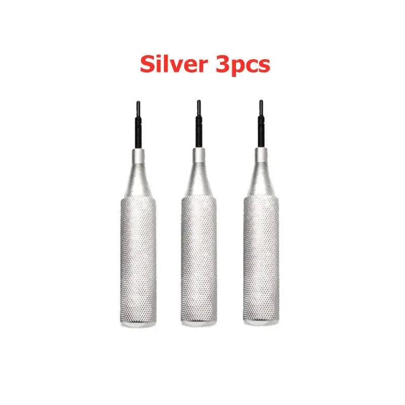 Three silver ECU cover open tools with textured grips and thin black tips