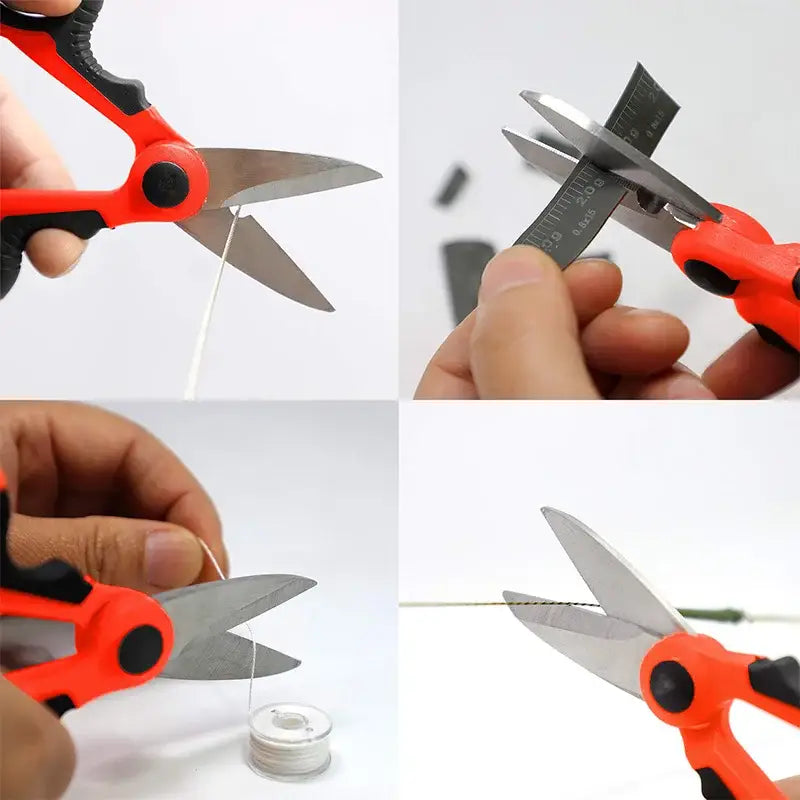 Red-handled scissors cutting various materials, showcasing TOTNEND DIY Supplies carbon steel tool