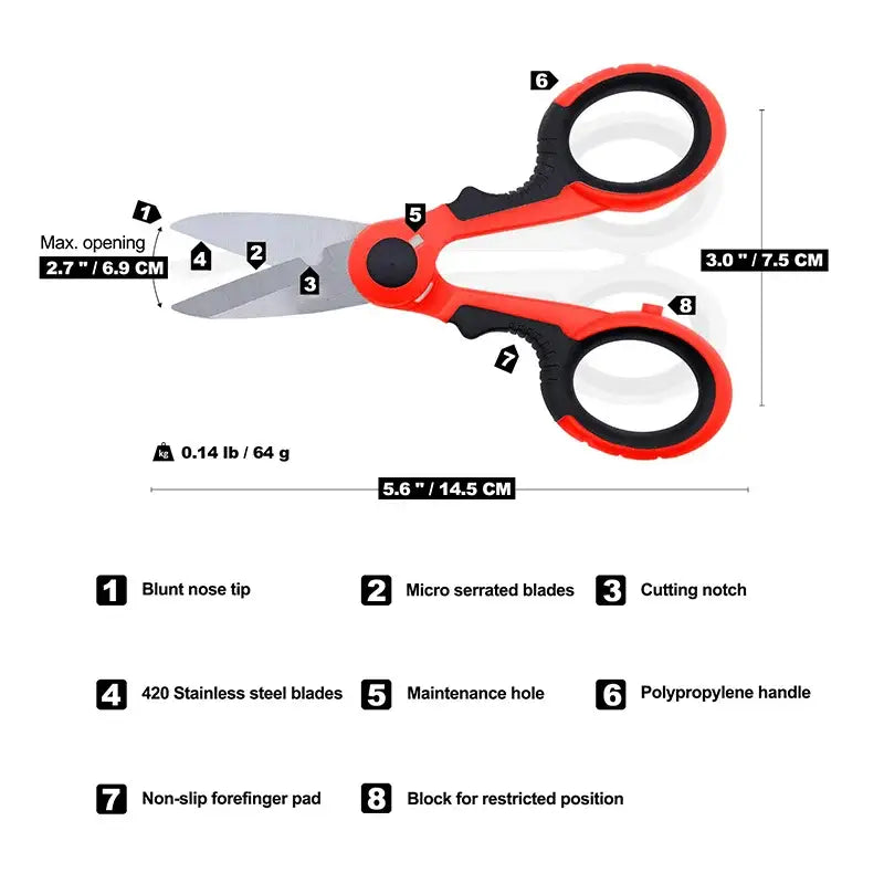 Scissors with labeled parts and measurements from Totnend DIY Supplies, Carbon Steel, Mainland China