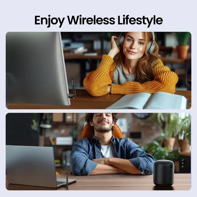 Advertisement showcasing UGREEN CM656 USB Bluetooth Adapter in a wireless lifestyle setting