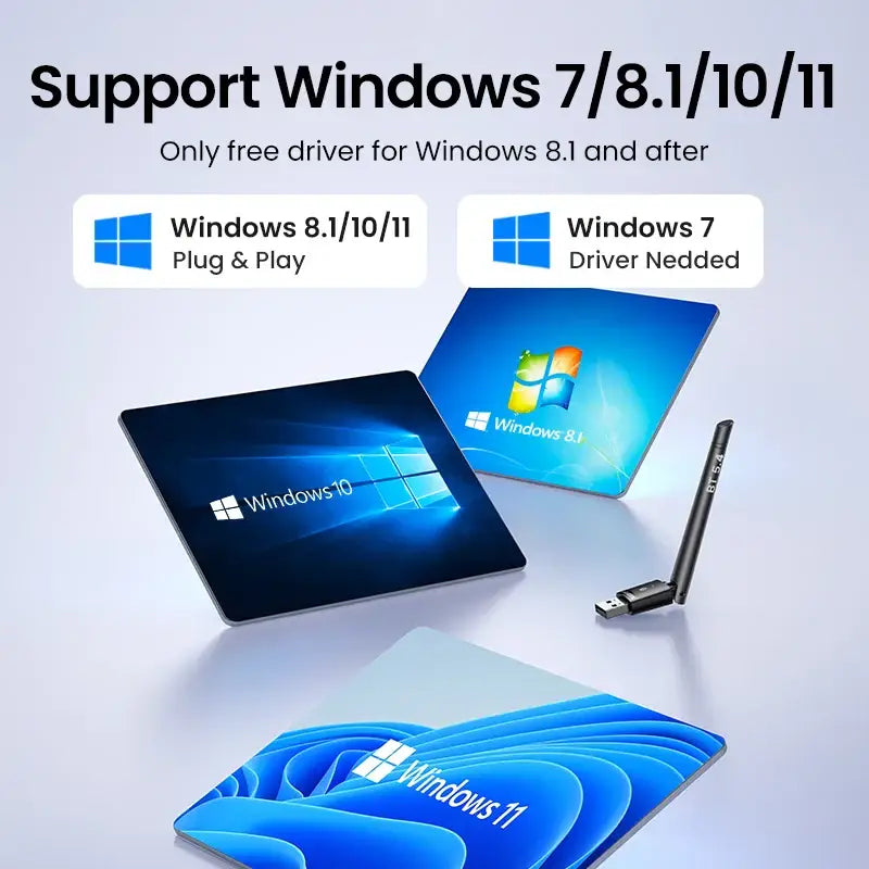 Graphic depicting Ugreen CM656 USB Bluetooth Adapter support for multiple Windows versions