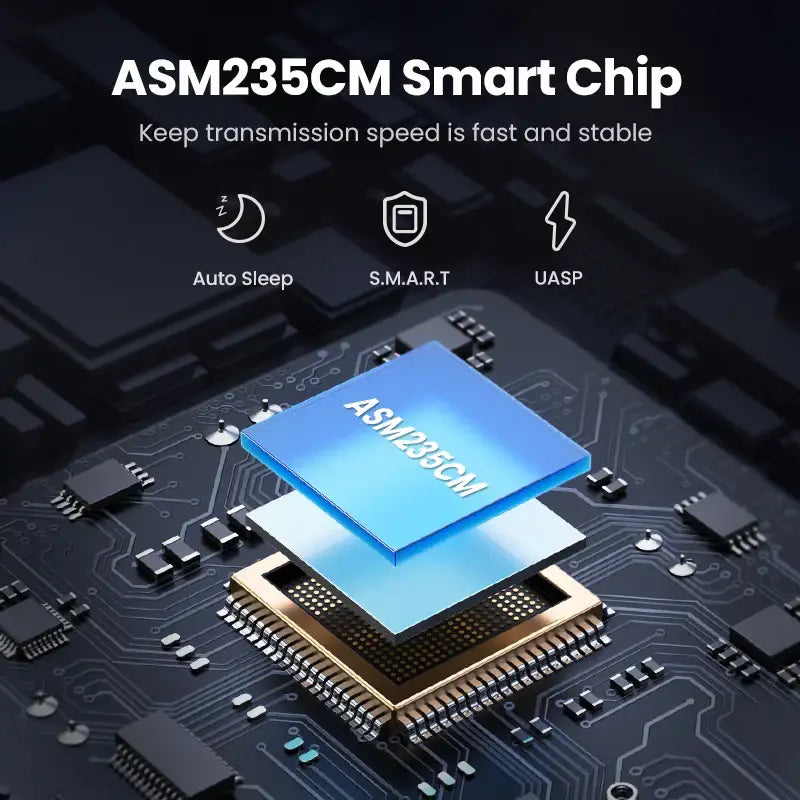 Smart chip ASM235CM features highlighted in UGREEN HDD Case for optimal data transfer speeds