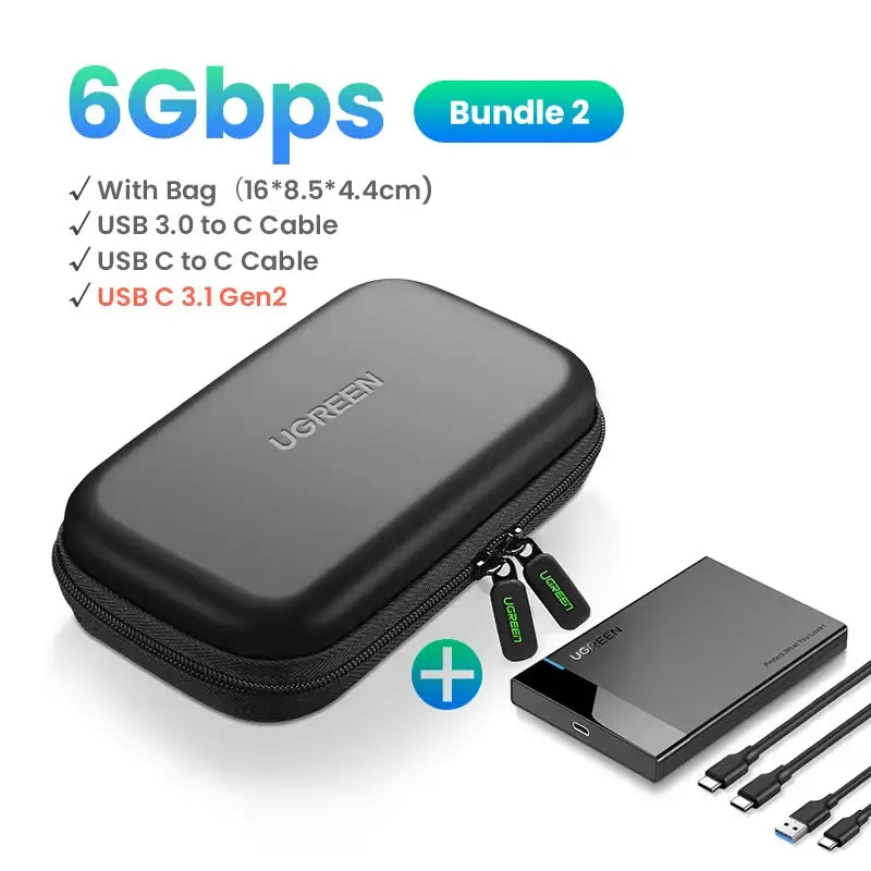 Portable UGREEN HDD Case with external SSD, cables, and fast data transfer speeds