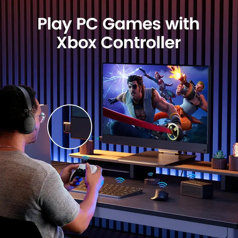 Xbox controller connected via UGREEN USB Bluetooth adapter for an immersive gaming experience