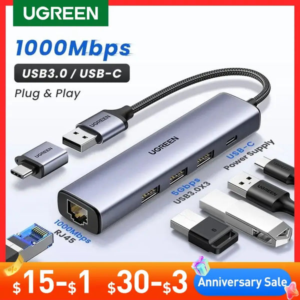 UGREEN USB Ethernet Adapter 1000/100Mbps USB3.0 HUB RJ45 Lan for Laptop PC