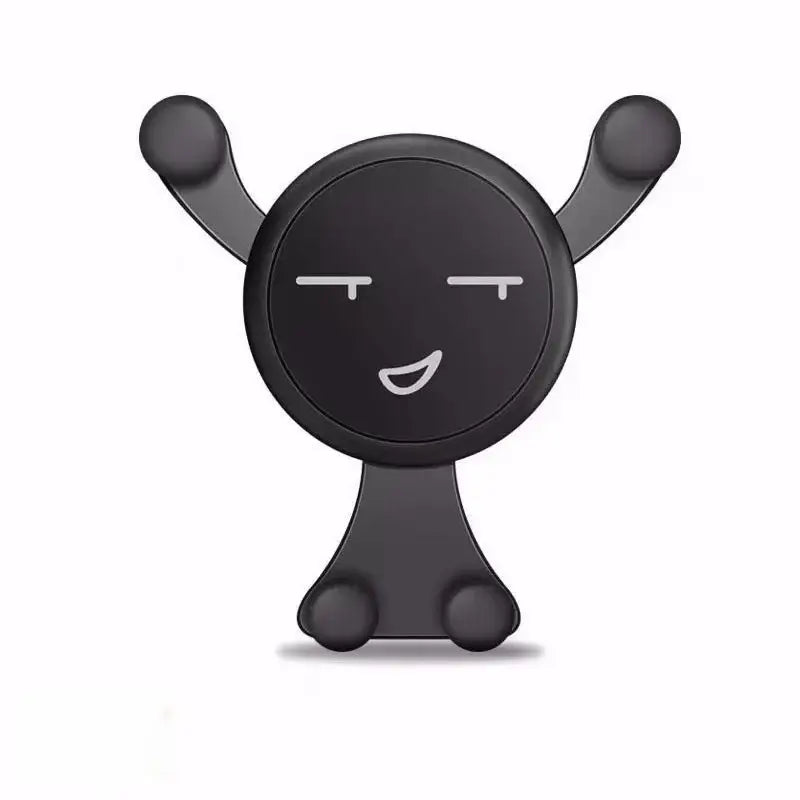 Cute black cartoon character promotes Universal Car Phone Holder for secure phone access