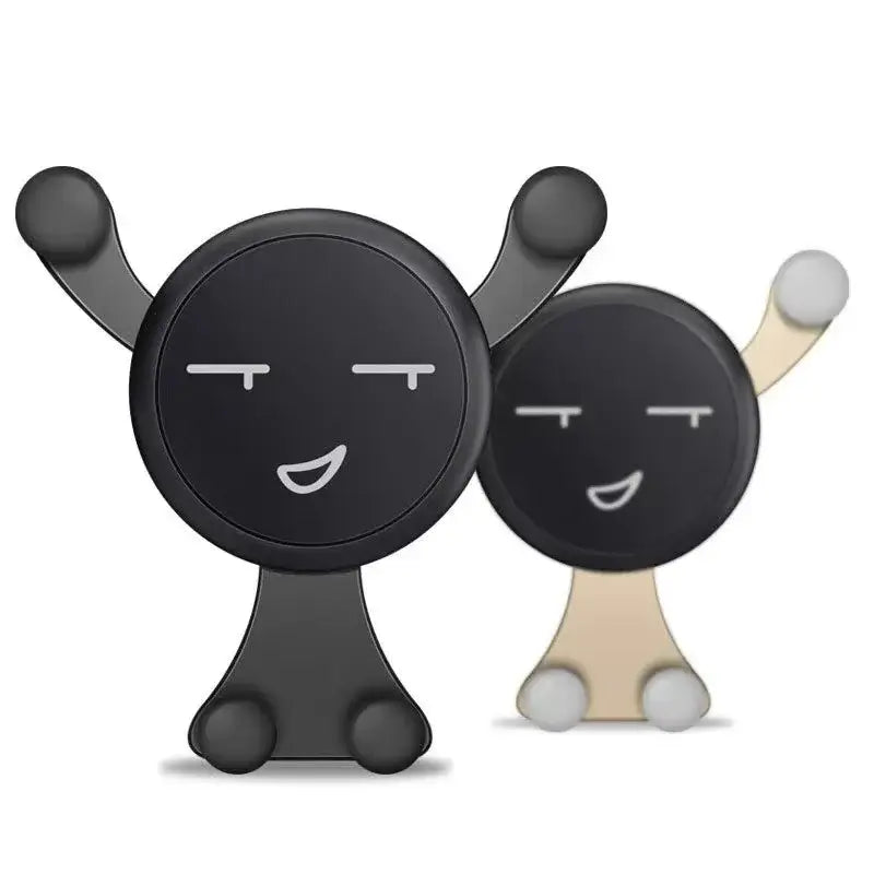 Cute cartoon figurines illustrating a Universal Car Phone Holder for secure phone use