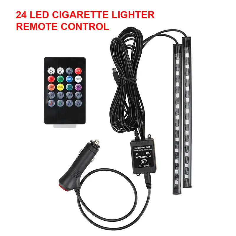 LED Cigarette Lighter with Remote and Two Strips for Car RGB Ambient Lights