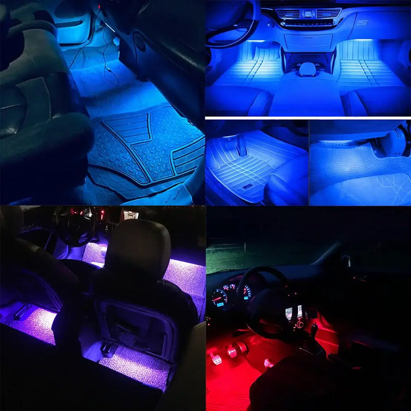 Interior car showcasing Universal RGB Ambient Lights LED Strips with blue, purple, and red illumination