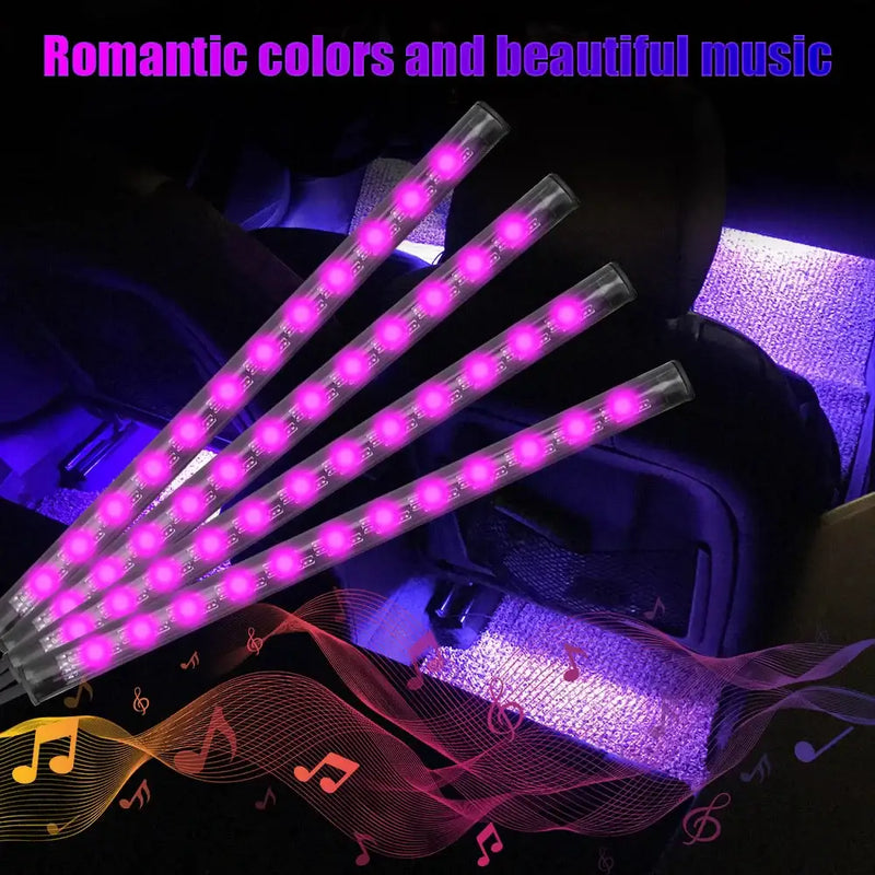 Four illuminated pink LED light sticks, part of Universal RGB Ambient Lights for cars