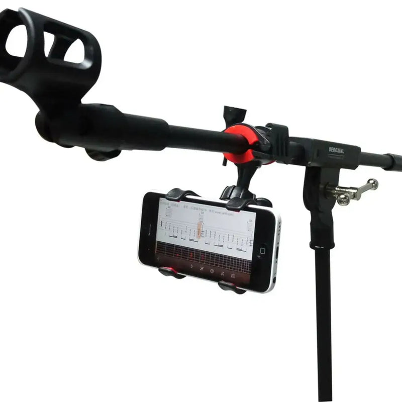 Universal Microphone Stand with Phone Holder attachment, ideal for guitars and bicycles