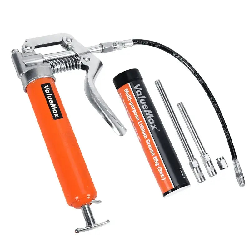 Grease gun with orange handle and attachments for ValueMax Lubrication Oil Syringe