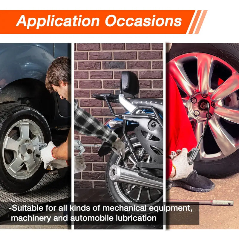 Collage of automotive maintenance tasks using ValueMax Lubrication Oil Syringe