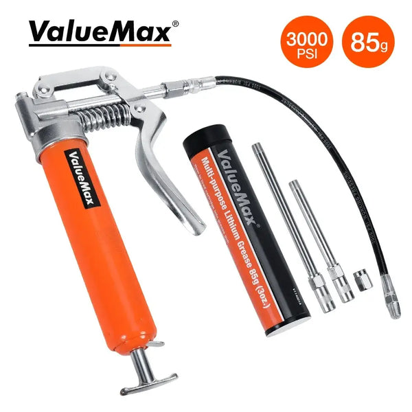 Grease gun with orange handle and attachments for ValueMax lubrication oil syringe