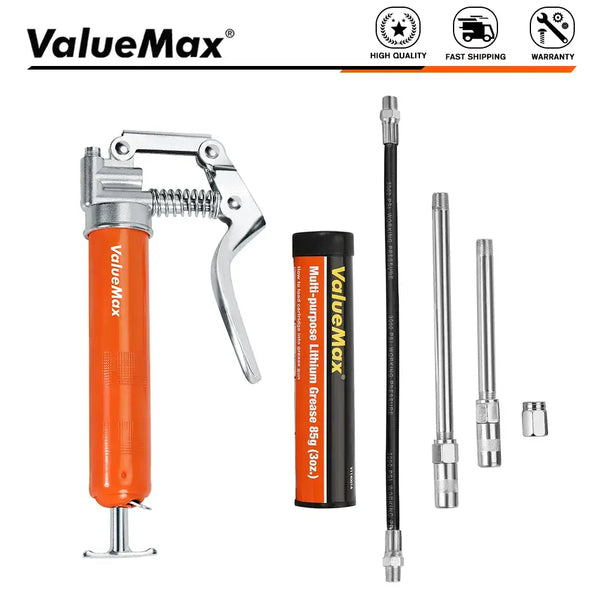 Orange and silver WorkPro Grease Gun V114001A with accessories for efficient lubrication