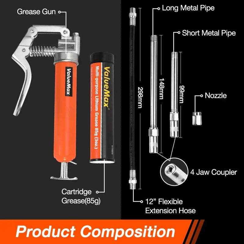 Grease Gun V114001A with labeled components and accessories for efficient lubrication