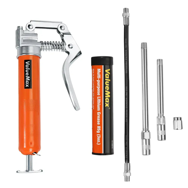 Orange ValueMax WORKPRO Grease Gun V114001A with attachments and accessories