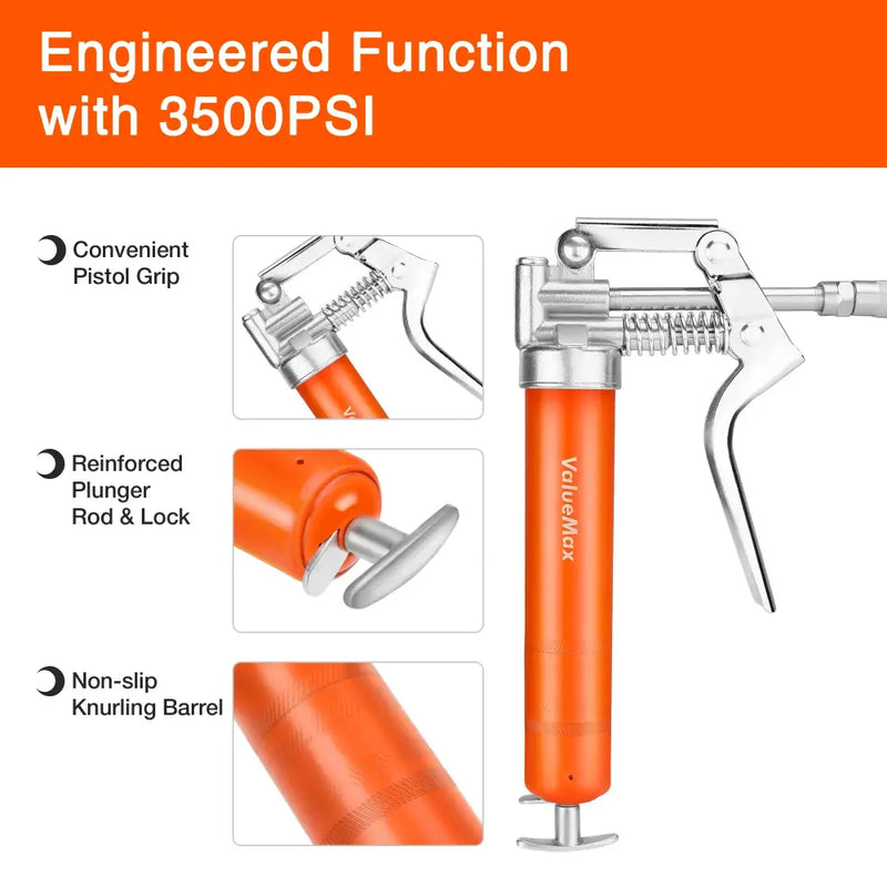 High-pressure grease gun V114001A with orange barrel and pistol grip design