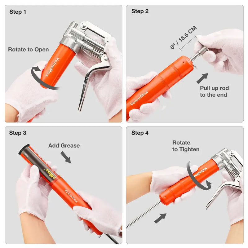 Orange Grease Gun V114001A with usage instructions for efficient lubrication