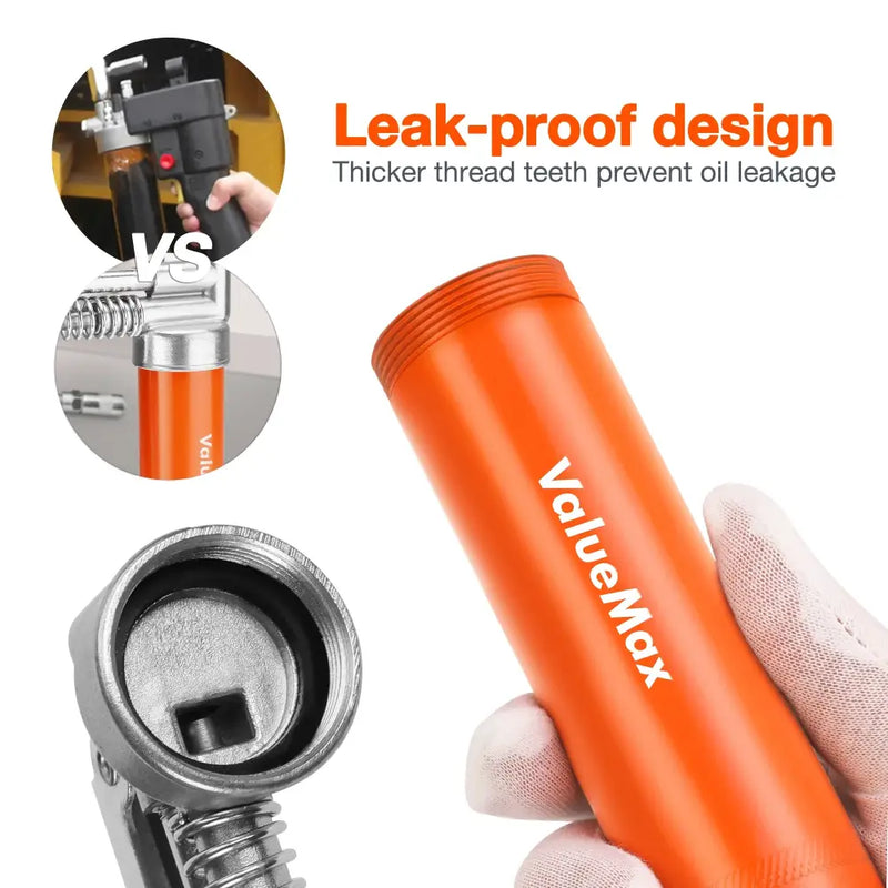 Bright orange ValueMax container designed for leak-proof performance in Grease Gun V114001A