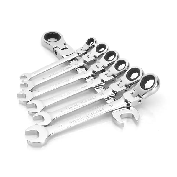 Set of six silver ratcheting combination wrenches in chromium-vanadium steel for Veconor multifunctional double