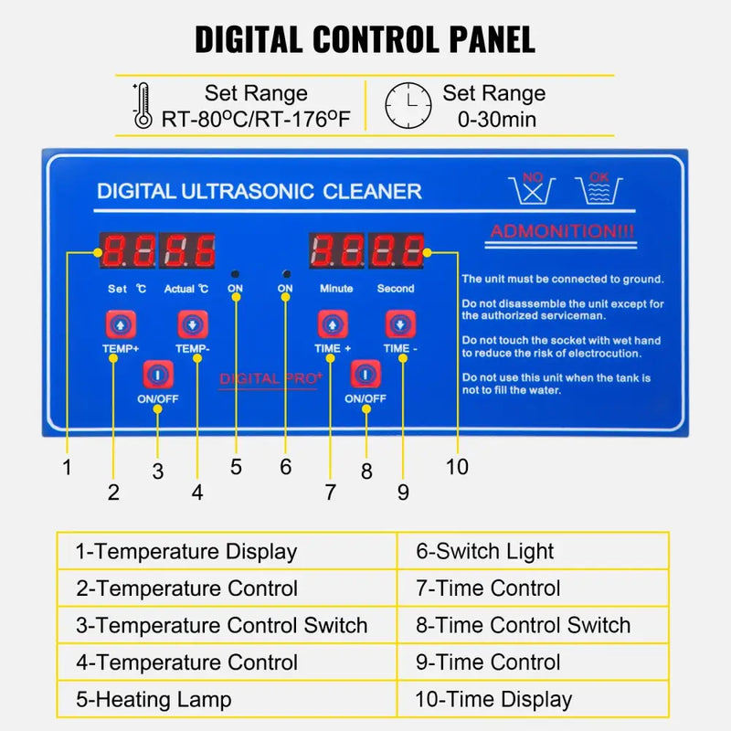 Digital control panel of VEVOR Ultrasonic Cleaner with LED digital display for settings