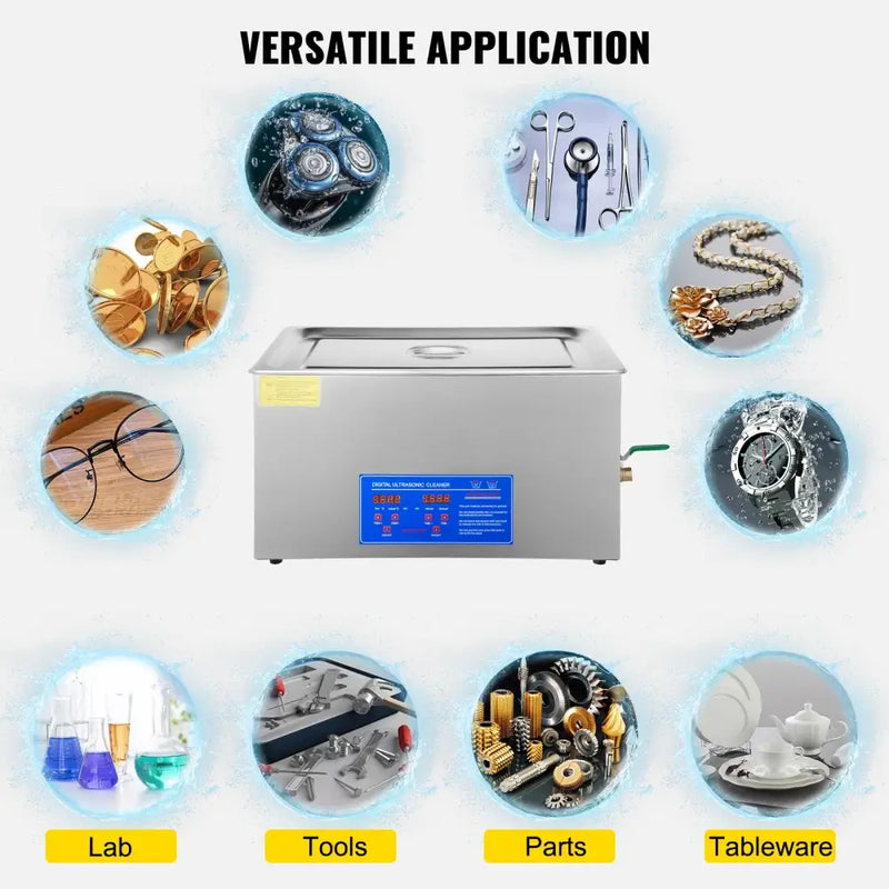 Stainless steel VEVOR Ultrasonic Cleaner with LED digital display and various applications