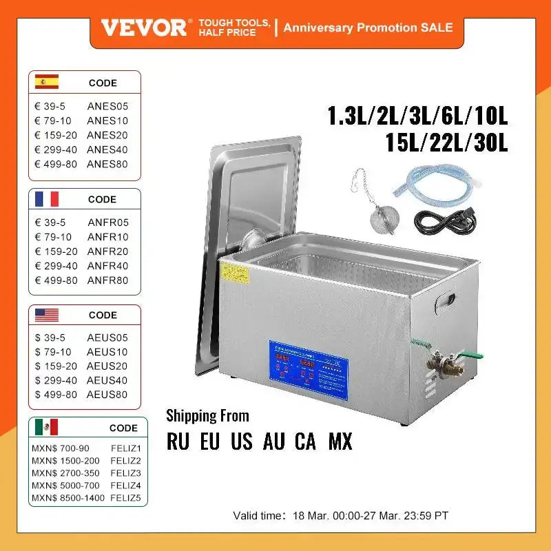 Stainless steel VEVOR Ultrasonic Cleaner with LED digital display and various capacities