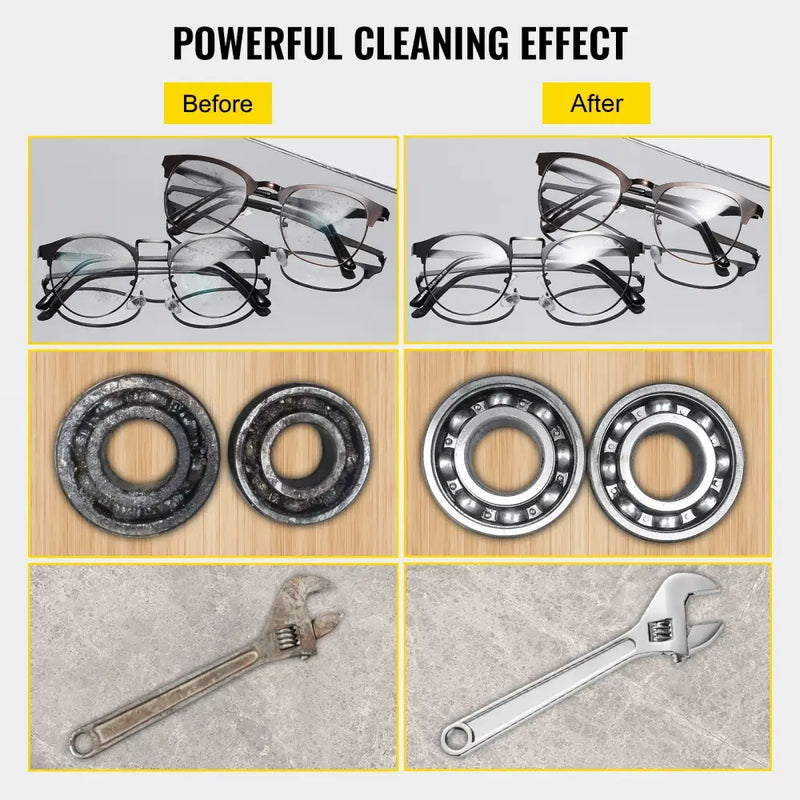 Before and after image showcasing cleaning results from VEVOR Ultrasonic Cleaner